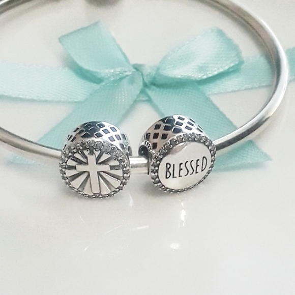 925 Sterling Silver BLESSED/ CROSS bracelet charm FITS Pandora - Picture 2 of 5
